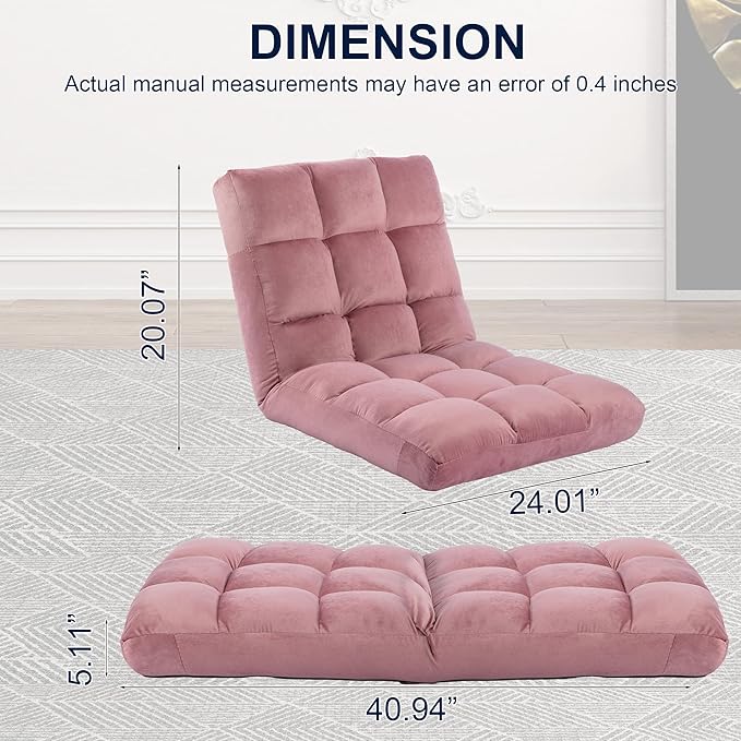 Floor Chair 24 inches Wide Oversized Velvet Armless Lay Flat Floor seat Padded Meditation Chair with 6 Adjustable Position Ergonomic Comfortable Convenient(LRSF-008-PINK)