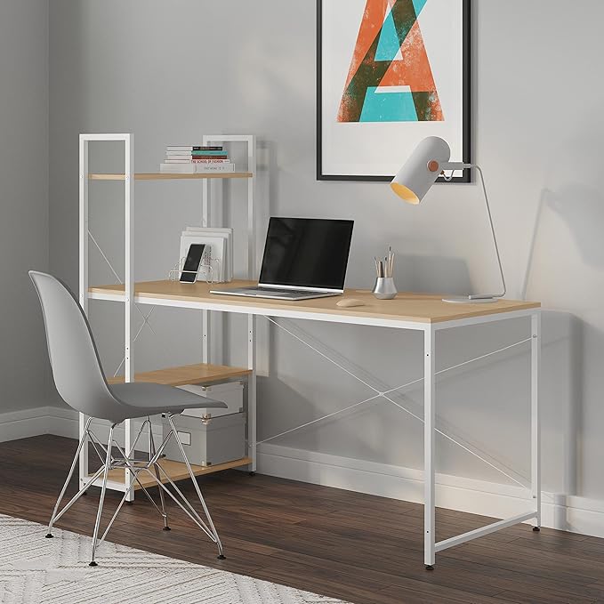 Ames 55 Reversible Gaming Computer Desk with Adjustable Shelves Home Office Desk Grommet Cable-Management Leveler Feet Easy Assembly White/White Oak
