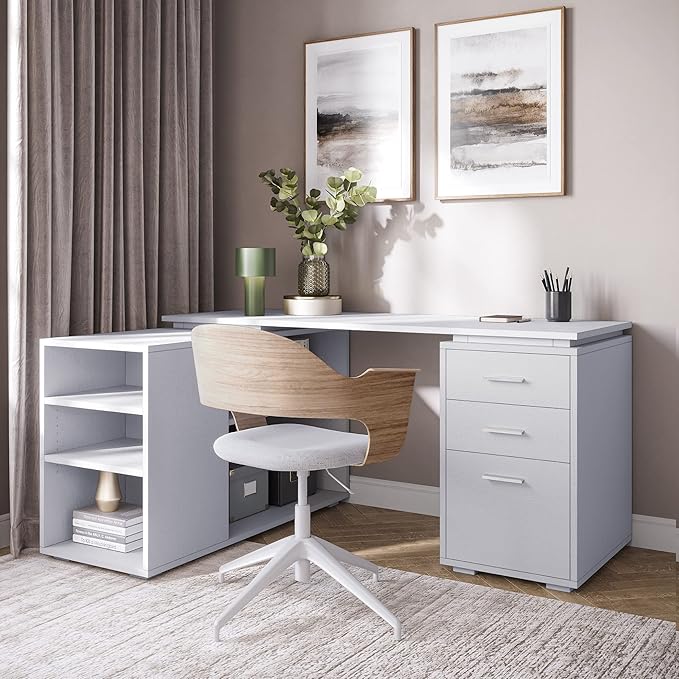 BELLEZE L Shaped Computer Desk 60” Study Writing Table Home Office Desk Morden Corner Workstation Setup with Adjustable Storage Shelves and 3 Drawers White