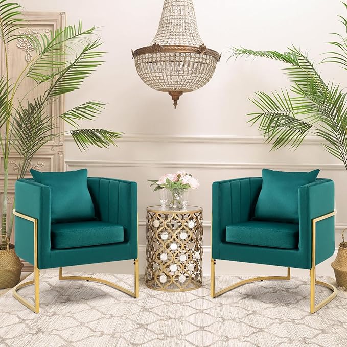 Modern Velvet Barrel Armchair with Lumbar Pillow Mid-Century Upholstered Accent Chair for Living Room Bedroom Single Sofa Club Reception Chair with Golden Metal Legs Green