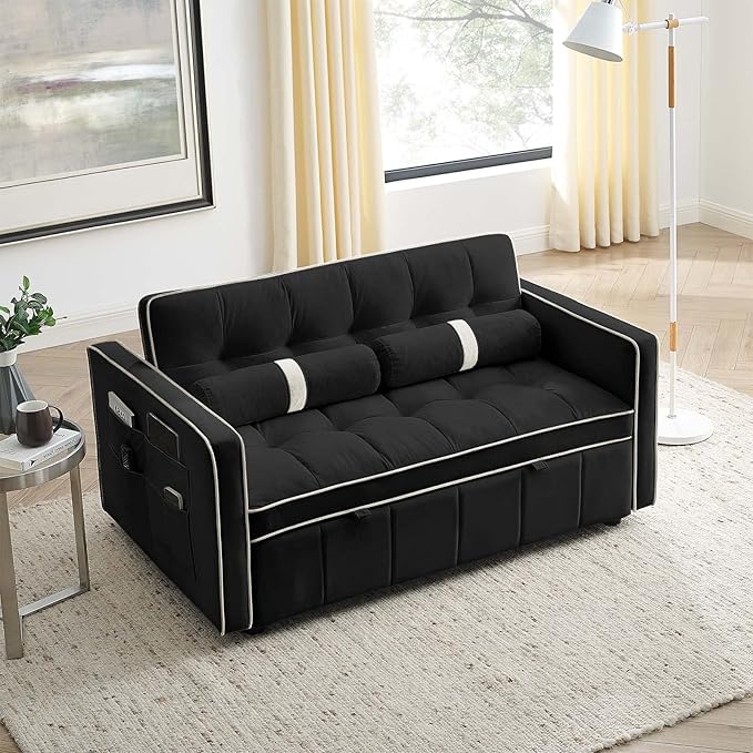 Sleeper Sofa Couch w/Pull Out Bed 55 New Upgraded Tufted Velvet Convertible Sleeper Couch Bed Small Love seat Sofa w/ 2 Pillows for Small Space Living Room Apartment Black