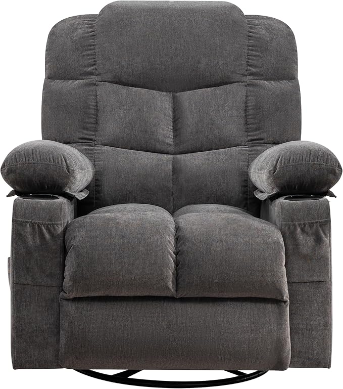 Oversized Massage Swivel Recliner Chair with Lumbar Heating 360° Swivel &amp Rocker 8-Point Vibration Massage USB Port &amp Cup Holders for Living Room Office Adult(Gray)