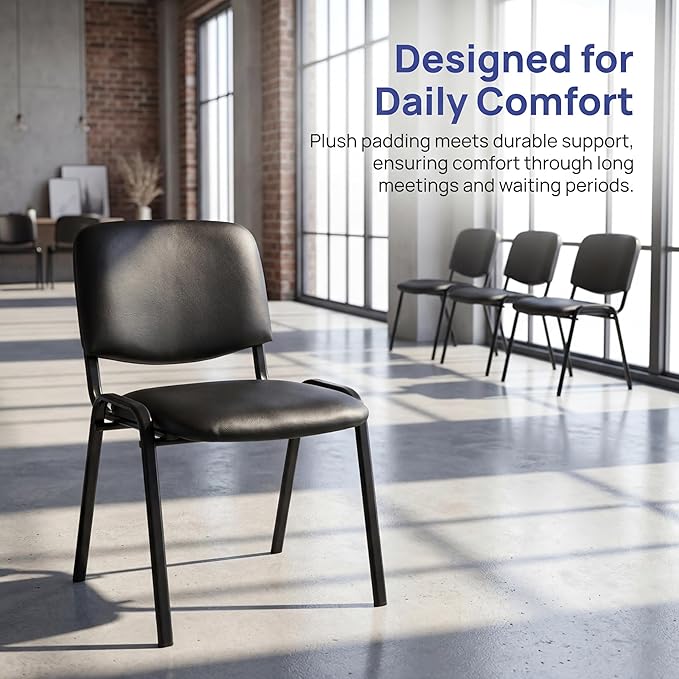 Stackable PU Leather Office Chairs Set of 15 Armless Conference Room Guest Chairs No Wheels Sturdy Metal Frame Waiting Room Reception Chairs for Office Meeting Lobby Black