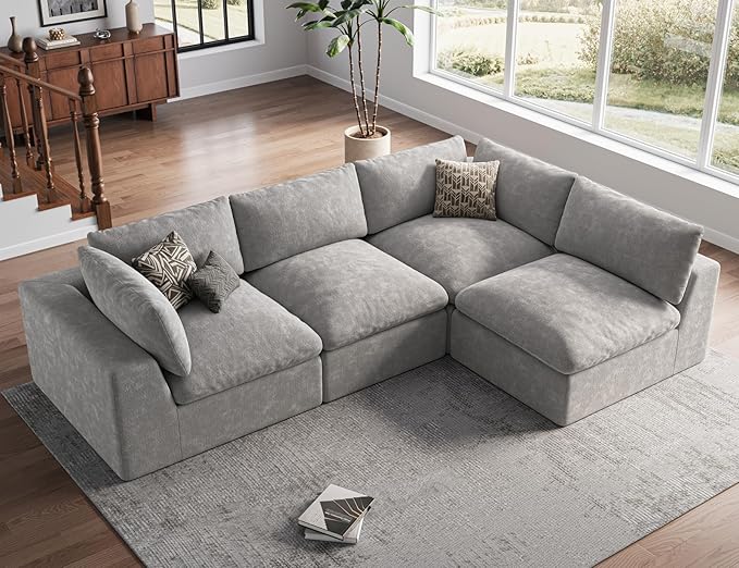 120 Cloud Sectional Couch | Oversize Boneless Couches for Living Room | 4 Seater L-Shape Sofa | Light Grey