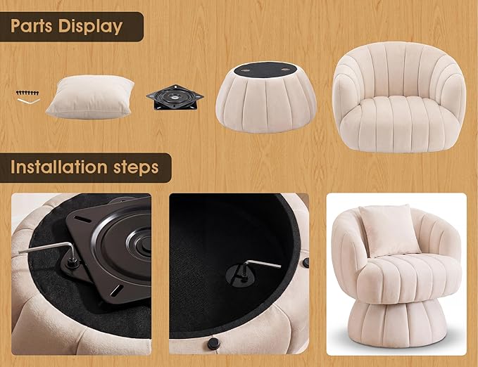 Mid Century Modern 360 Degree Barrel Swivel Accent Sofa ChairFluffy Velvet Fabric Lounge Wide Upholstered Pumpkin Reading Chair Round Cloud Armchair for Living RoomBedroomVanity(Beige)