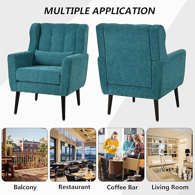 Modern Accent Chair Chenille Fabric Upholstered Tufted Side Wingback ChairMid Century Reading Chair Armchair with Waist Pillow Backrest for Living Room Bedroom (Teal)
