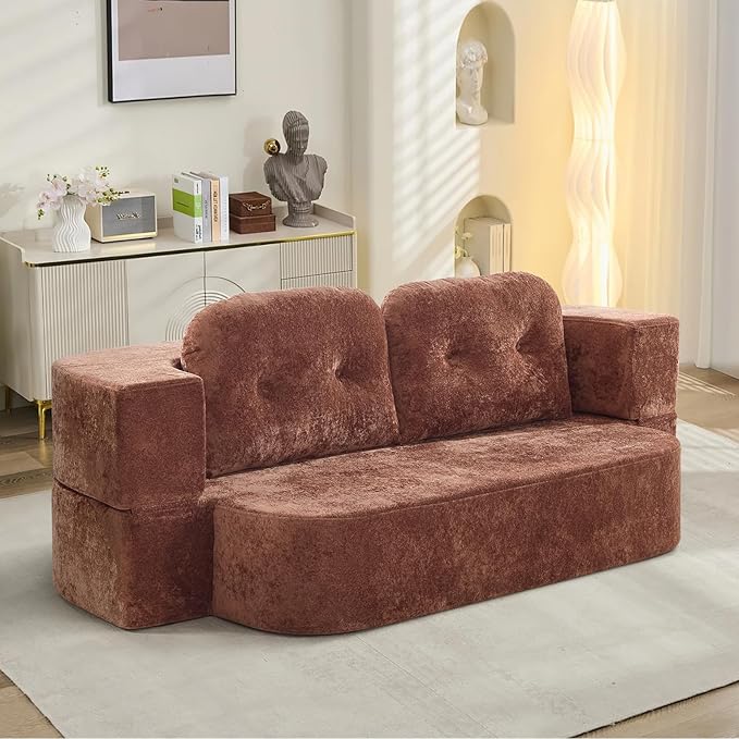 Hommoo Compression Sofa Convertible Sofa Bed Folding Sleeper Futon with Back Armrest 2 in 1 Floor Lounge Couch Chenille Fabric Foldable Mattress Couch for Living Room/Guest Room/Apartment Orange