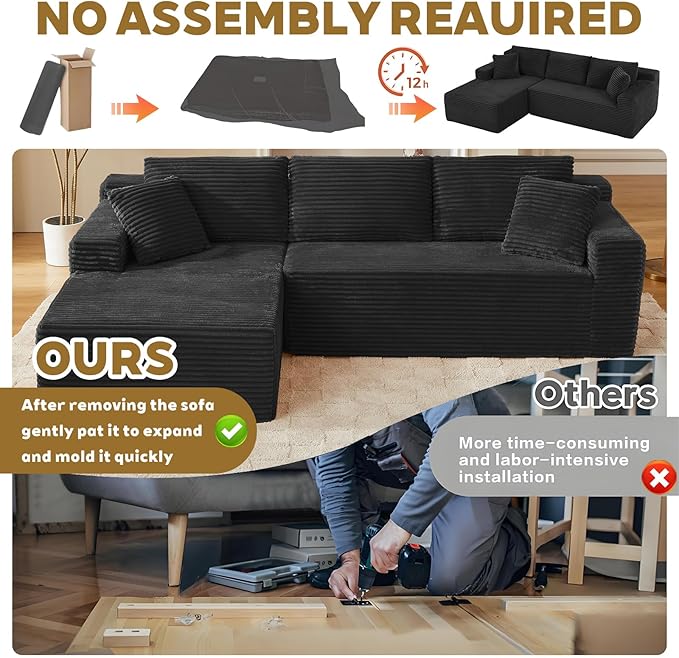 Minimalist Boneless Cloud Couches for Living Room Corduroy L Shaped Modular Sectional Sofa Couch W/Deep Seat &amp High-Back Comfy Memory Foam Couch Sofa in A Box (Black Left Facing Chaise)