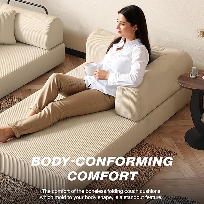 79'' Folding Sofa Bed 5-in-1 Convertible Sofa Bed BonelessComfy Foldable Foam Couch with Pillow Modular Floor Couch for Living RoomBedroomLounge - Corduroy Beige