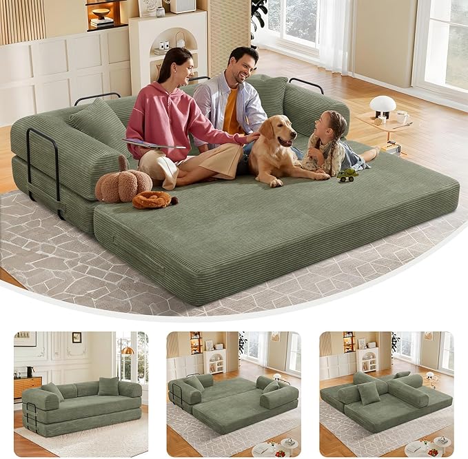 78 Convertible Sleeper Sofa Bed with Cylindrical Pillow Corduroy Folding Mattress Couch with Fixed Frame Floor Sofa Lounge Couch for Living Room Bedroom Apartment Light Green