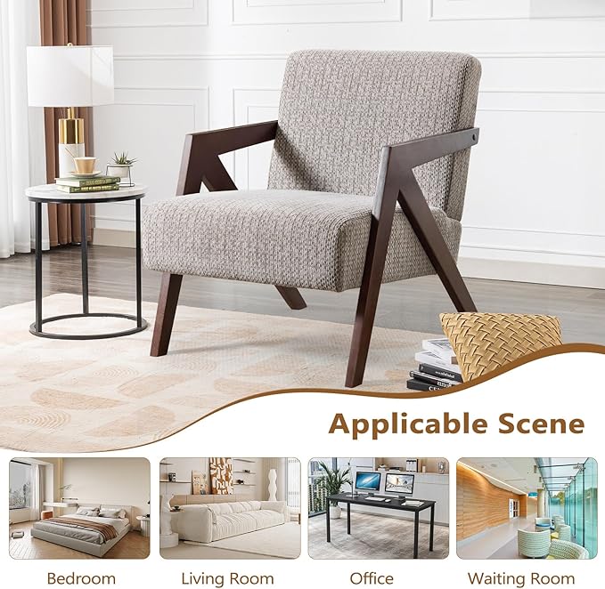 Bonzy Home Mid-Century Modern Accent Chair Set of 2 with Wood Frame Upholstered Armchair for Bedroom &amp Living Room Linen Fabric Cushion Z-Shaped Armrest Design Sturdy Lounge Chair