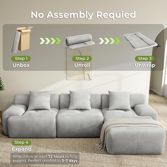 LIKIMIO 118 Modular Sectional Sofa with Ottoman L-Shaped Boneless Couch with Deep Seat for Living Room Corduroy Upholstery No Assembly Required Light Grey