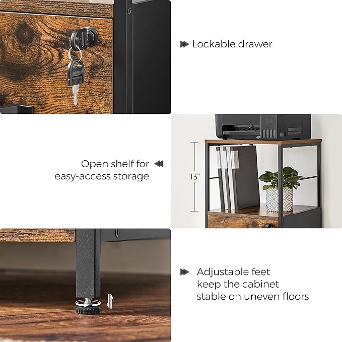 VASAGLE File Cabinet for Home Office 2-Drawer Filing Cabinet with Lock Open Shelf Printer Stand for A4 and Letter Sized Files Adjustable Feet Industrial Rustic Brown and Ink Black UOFC045B01