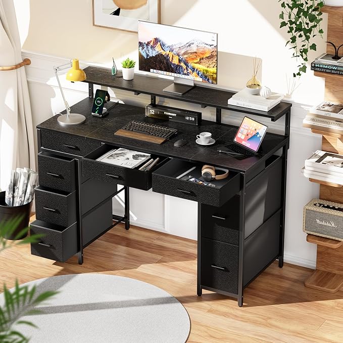 HLDIRECT 47 inch Computer Desk with 8 Storage Drawers Gaming Desk with LED Lights &amp USB Power Outlets Home Office Table with Monitor Stand Study Writing Work Table for Bedroom Black