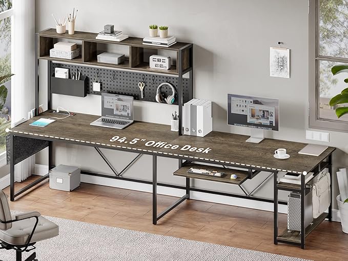 SEDETA L Shaped Desk 94.5 Inch Office Desk with Power Outlet &amp Pegboard L Shaped Desk with Led Light Keyboard Tray Storage Shelves and Headphone Hook for Home Office Walnut Brown