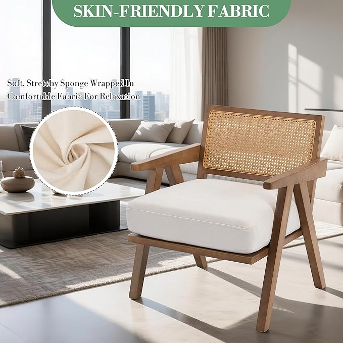 Garvee Mid-Century Modern Accent Chair Linen Upholstered Lounge Chair with Wood Frame Soft Cushion - Comfortable Reading Armchair for Living Room Bedroom Office - Beige 1 PCS