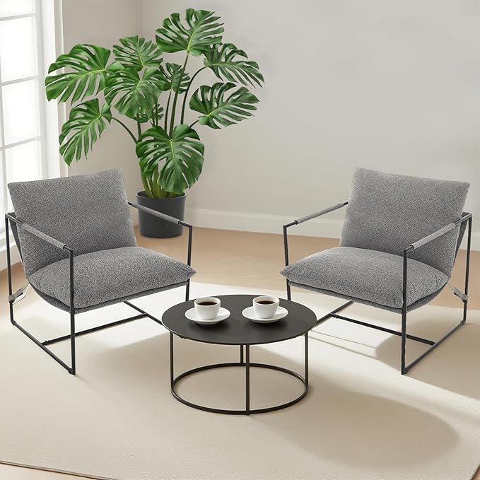 Sling Accent Chair for Living Room Modern Metal Framed Cozy Armchair Upholstered Living Room Chairs with Shredded Foam Cushioning Lounge Chair for Bedroom Living Room Reading Room Grey