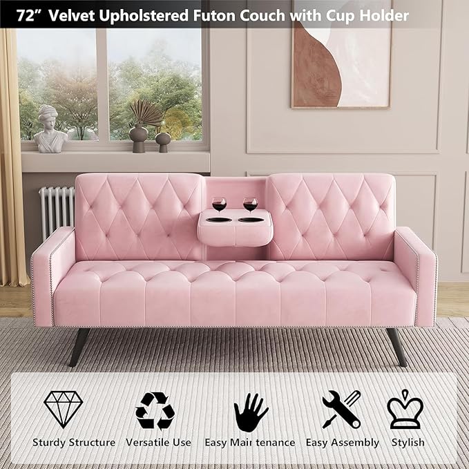 72 Pink Velvet Futon Couch Living Room Couch Bed Convertible Sleeper Sofa Bed with Cup Holder for Bedroom Guest Bed 2 Seater Reclining Sofas Couches with Nailhead Trim for Small Space (Pink)
