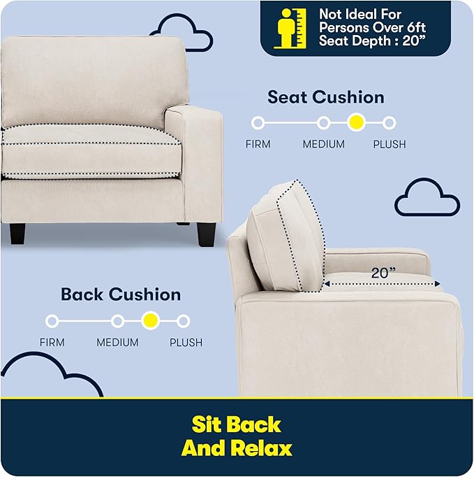 Serta Palisades 73 Track Arm Sofa Easy Care Polyester Soft Pillow Back Pocket Coil Seat Cushions Removable Covers Loveseat or Couch for Small Spaces Living Rooms or Bedrooms Cream White