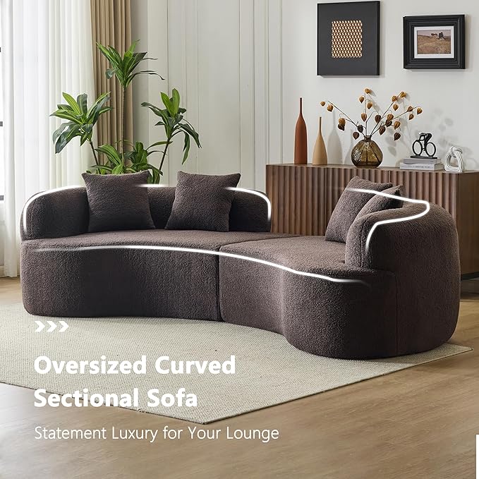 106.7 Modern Curved Oversized Sectional Sofa Minimalist Modular Cloud Couch with 4 Throw Pillows Luxury 4-Seater Extra Deep &amp Wide Seat Sofa in Soft Teddy Fabric Dark Brown