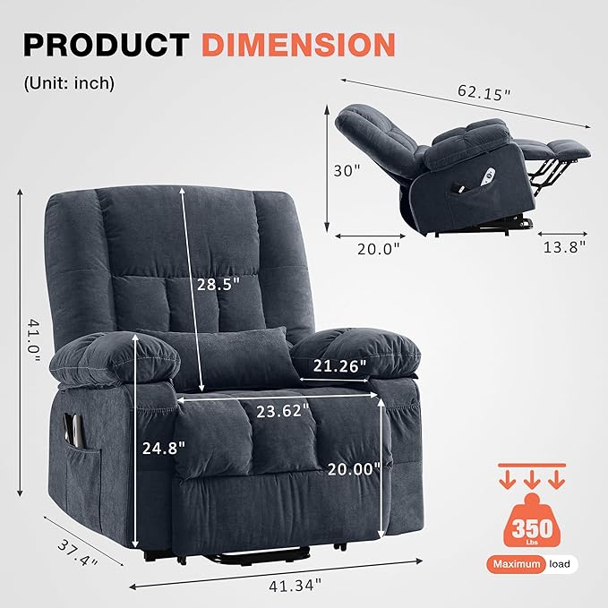 Power Lift Recliner Chair for Elderly with Vibration Massage and Lumbar Heating Electric Lift Recliner Single Sofa with Side Pocket and USB Charge Port for Living Room