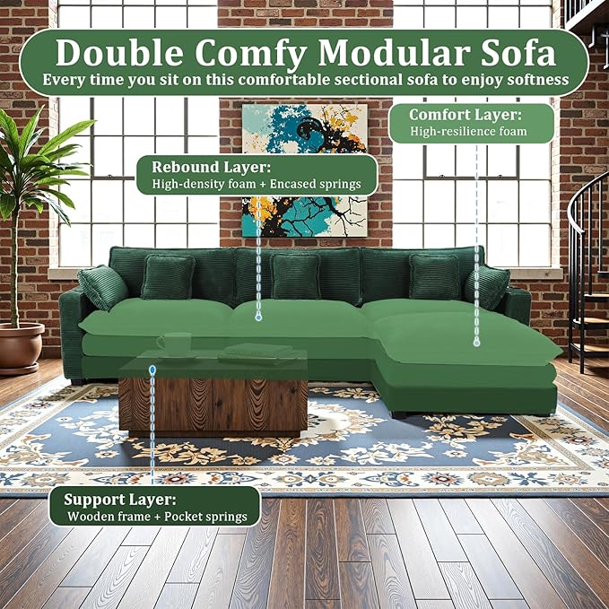 99 Modular Sectional SofaCouches for Living RoomModern Modular L-Shape Sofa with Ottoman &amp Side Pocket Cloud Sectional CouchCorduroy Oversized Sleeper Sofa with USB Port &amp Cup Holder (Gree