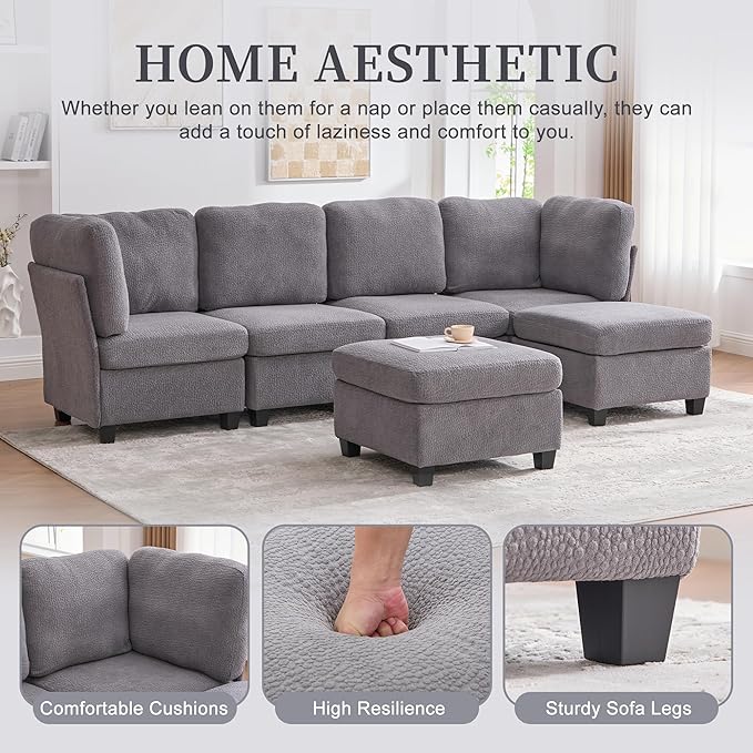 U Shaped Modular Sectional Sofa Couch with Storage Ottoman 6 Seat Convertible Upholstered Deep Seat Sofa with Chaise Lounge Comfy Cloud Couch for Living Room Gray