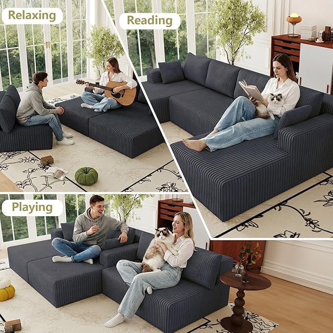 124 Corduroy U-Shaped Sectional Sofa Modern Modular Boneless 4-Seater Couch with 6 Pillows Upholstered Deep Seat DIY Cloud Sofa for Living Room No Assembly Required (Dark Grey)