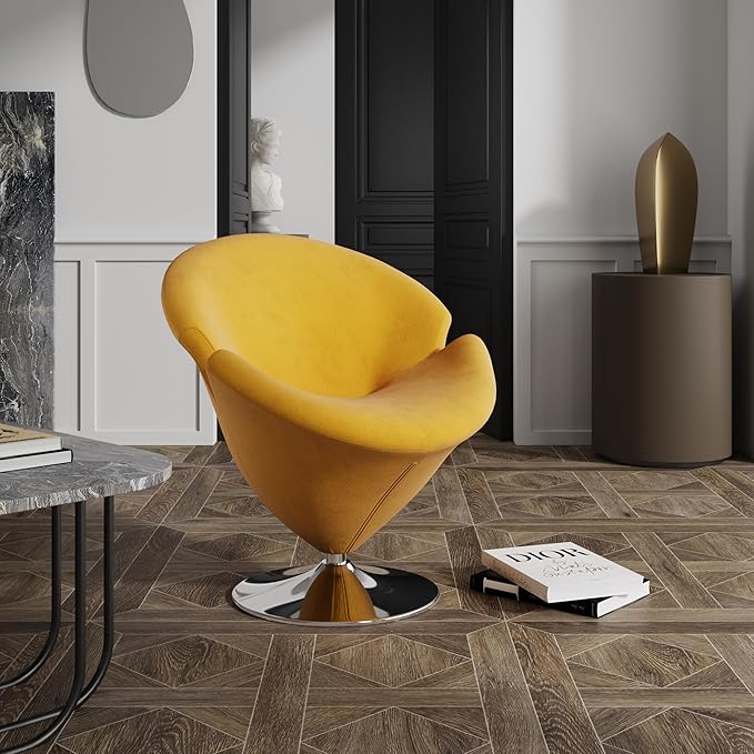 Manhattan Comfort Tulip Swivel Accent Chair Set of 2 with 360° Turn Modern Flower Inspired Design Soft Velvet Upholstery Polished Chrome Base No Assembly Required 300 Lbs Capacity Yellow