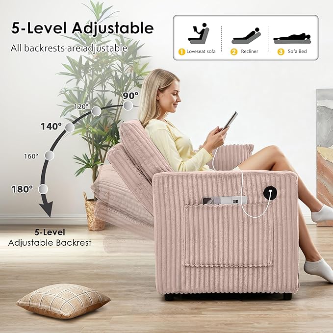 65in Sleeper Sofa Bed Convertible Pull Out Couch with Small Table| USB Port | Cup Holder | Corduroy Fabric | Adjustable Backrest for Apartment Office Bedroom Guest Room (Pink)