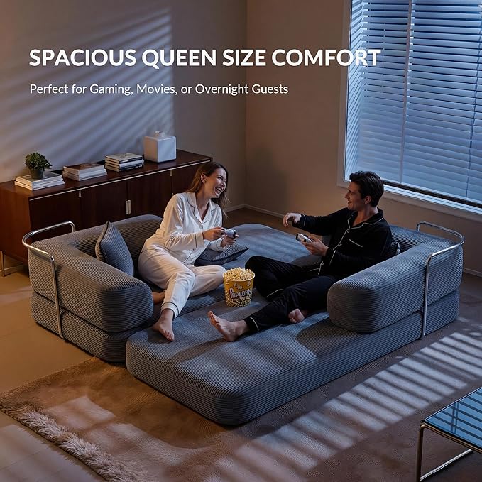 5-in-1 Convertible Sofa Bed Boneless Floor Couch Queen Size with Magic Pillow Blankets Zero-Assembly Sleeper Futon for Apartments Renters &amp Micro-Living Spaces Grey