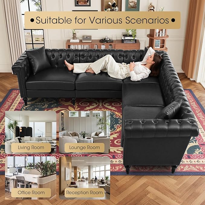 99.4 X 99.4 L Shaped Couch Faux Leather Sectional Couch with Three Pillows Chesterfield L Shaped Sofa 5 Seat PU Leather Sectional Couches for Living Room Black