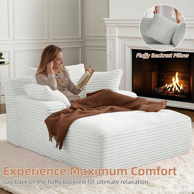Oversized Chaise Lounge Chair Indoor Corduroy Sofa Bed with Throw Pillows Recliner Chair Comfy Large Deep Seat Sofa Couch for Living Room Bedroom Apartment (Light Grey)