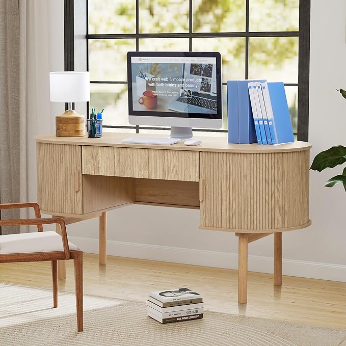 ORRD Home Office Oval Desk with Sliding Tambour Door and Drawer Modern Fluted Wood Executive Computer Storage Desk for Study Living Room Bedroom Office - Natural
