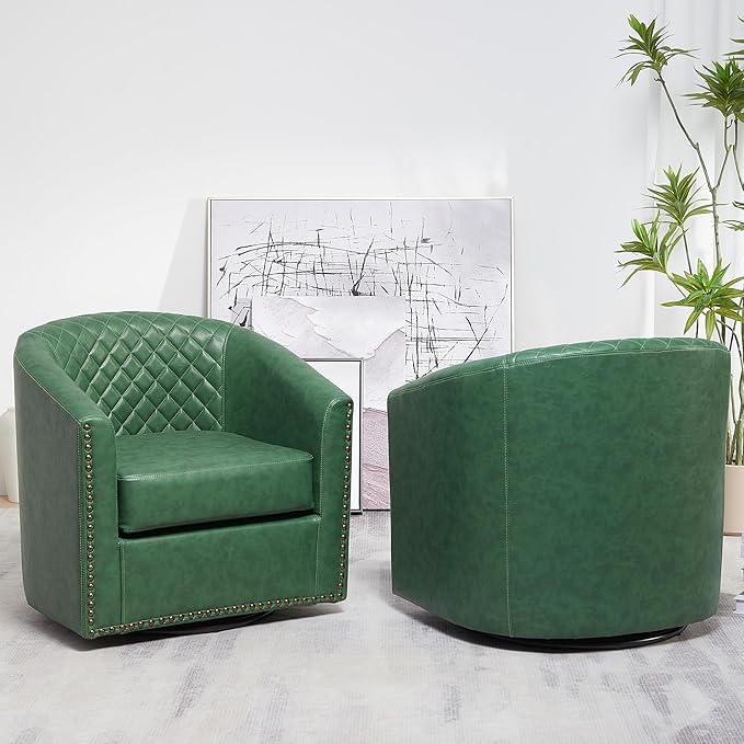 KINWELL 50 Faux Leather Upholstered Loveseat Sofa with 2 Swivel Barrel Accent Chairs Minimalist Comfy 2-Seater Couch and Armchair for Small Spaces Apartment Green