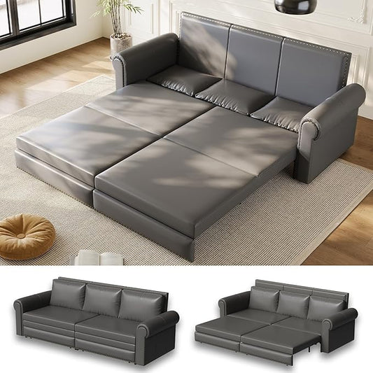 93.7 King Size Sleeper Sofa Bed Pull Out Sofa Bed Faux Leather Upholstery 3 in 1 Convertible Sleeper Couch Chaise Lounge Retro Recliner for Living Room Office Apartment Grey