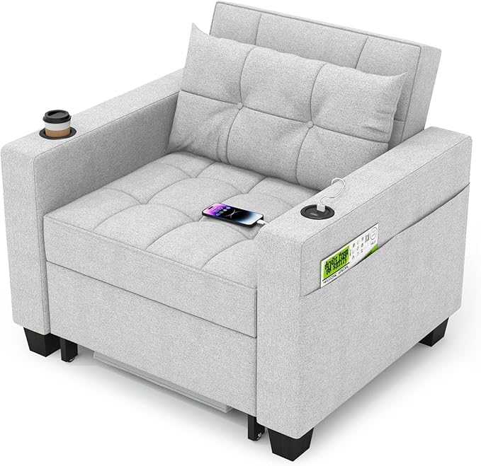 DURASPACE 36.6 Futon Chair Bed Convertible Chair 3-in-1 Pull Out Sleeper Reading Chair Beds with USB Armchair Sleeper Bed for Living Room Dorm Small Space (Light Gray Linen)