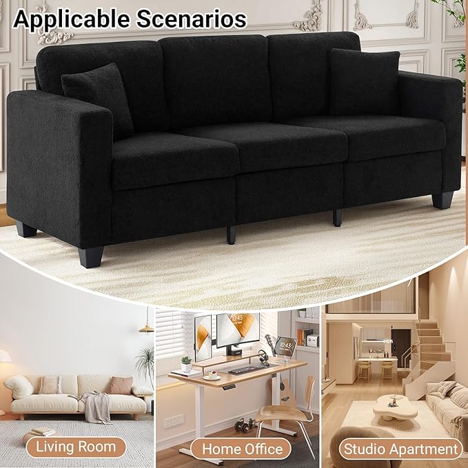 86.6 Inch Modern 3 Seater Sofa Couch for Living Room Sofa with Extra Deep Seats Armrests Soft Boucle Upholstery Couch for Living Room Bedroom Office Apartment Black