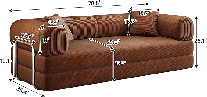 79 Convertible Sofa Bed with Fixed-Shape Frame Corduroy Folding Pull Out Couch No Assembly Modern Boneless Couch Compression Sofa in Box Floor Sofa for Living RoomBrown