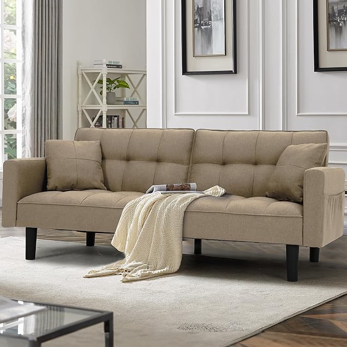 AVAWING Futon Sofa Bed Modern Linen Fabric Convertible Upholstered Couch with Adjustable Back Arms and High Strength Nylon Legs for Living Room Apartment Office (Khaki)
