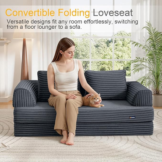COMAX Convertible Sofa Bed Folding Floor Couch Corduroy Fold Out Couch Bed Futon Sleeper Mattress with Pillows Boneless Sofa Comfy Lounge Loveseat for Living Room Bedroom Plush Grey