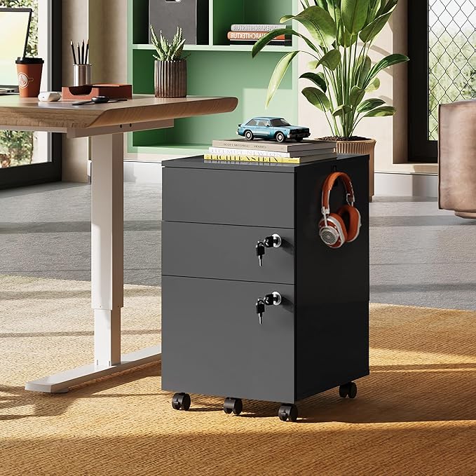 DEVAISE 3 Drawer File Cabinet with Lock Small Rolling Filing Cabinet Under Desk Wood Office Drawers Fits Letter/Legal/A4 Size Folders Black