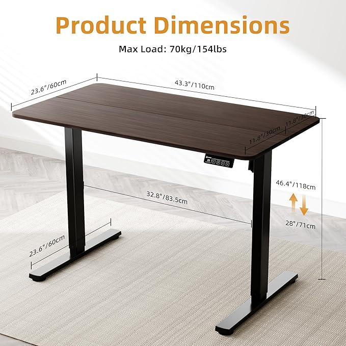 ERGOMAKER Electric Standing Desk 43.3 x 23.6 Height Adjustable Sit Stand Desk with Splice Board for Home Office Computer Desk Memory Preset (Black Frame Walnut Desktop)