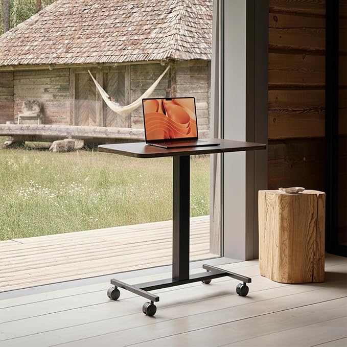 HUANUO Small Rolling Laptop Standing Desk Height Adjustable Mobile T-Base Desk with Lockable Casters Portable Sit-Stand Workstation for Bedside &amp Sofa Walnut