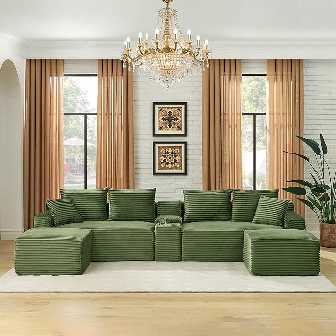 U-Shaped Cloud Sectional Couch Symmetrical Modular Compressed Boneless Sectional Sofa with Chaise Lounges and Console Plush Corduroy Boneless Corner Sofa for Living Room