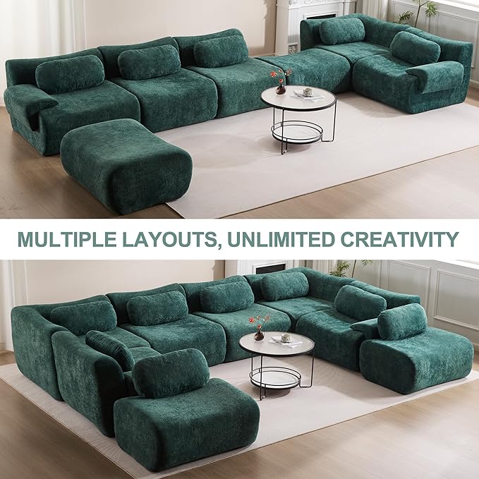 Multiple Modular Boneless Couches for Living Room Cloud Sectional Sofa with Comfy Deep Seat Oversized Loveseat Couch for Bedroom Apartment No Assembly 2 Modules Combined Dark Green