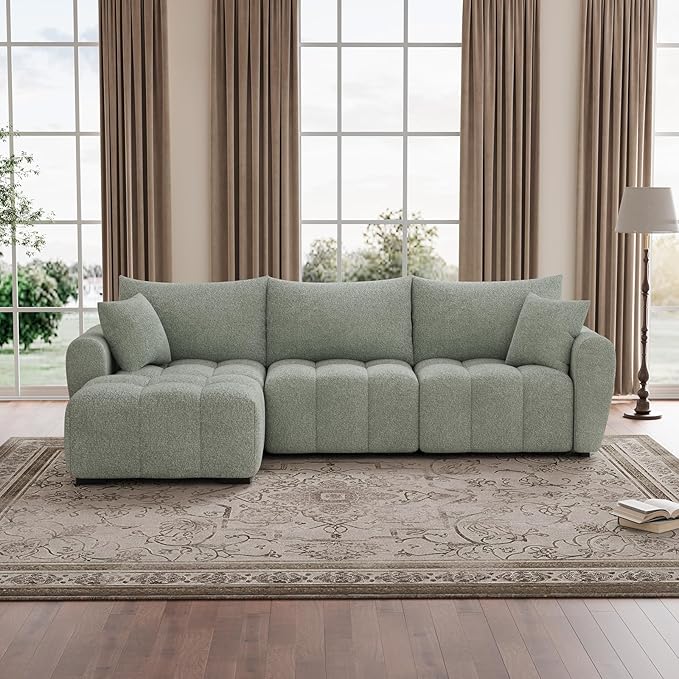 110 L Shaped Modern Boucle Sofa Modular Sectional Cloud Couch with Ottoman Tufted 4-Seat Deep Seat Sofa with Pillows for Living Room Bedroom and Apartment Light Green