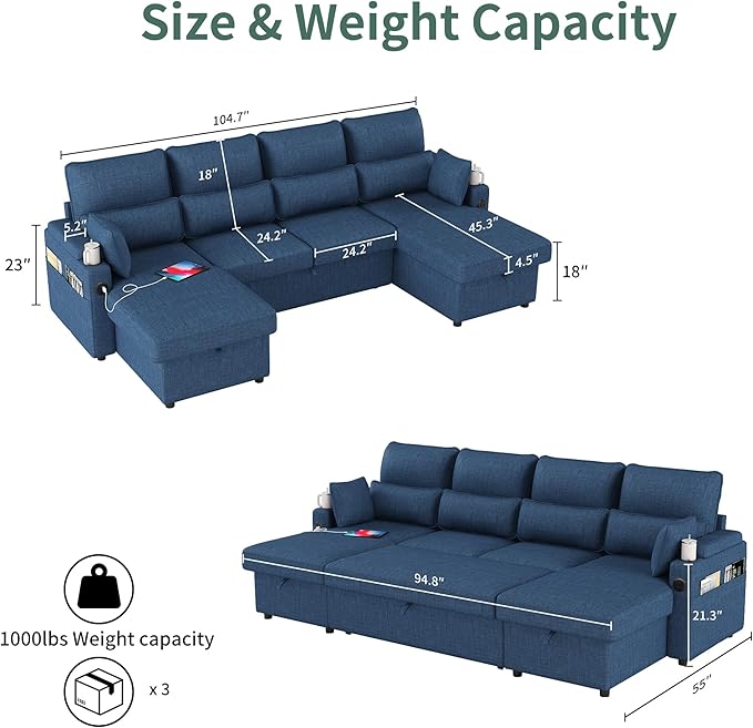 Sectional Sleeper Sofa with Pull Out Couch Bed with Storage Chaise for Living Room Comfy Linen Modular Sectional Sofa with Dual USB &amp Type-C Cup Holders (Blue 105 Inches)