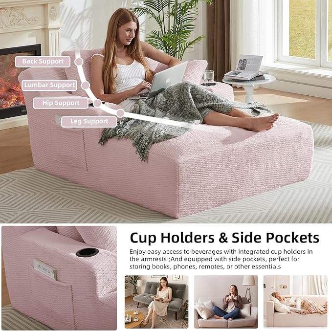 Oversized Chaise Lounge Chair - Upholstered Couch Cloud Boneless ChairDeep Seat Sleeper Sofa with Cup Holders and Side PocketsComfy Reading Chair for Living Room (Pink)