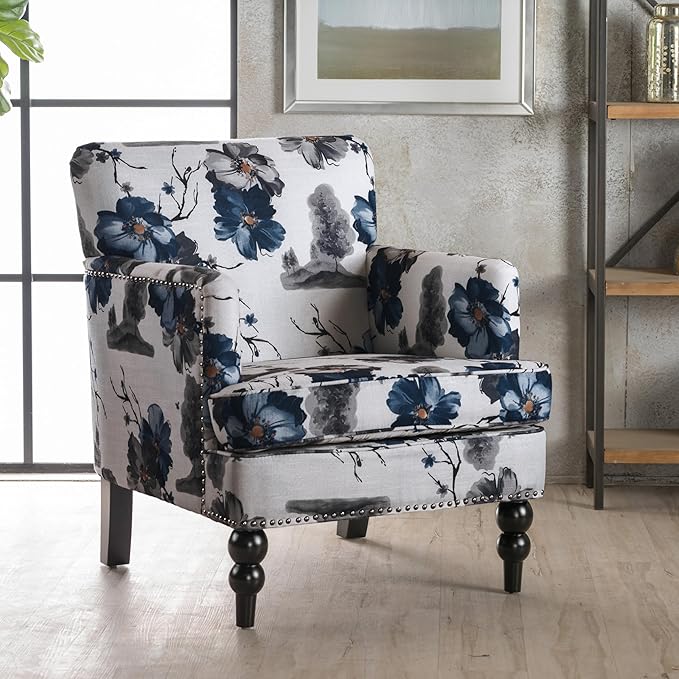 Modern Accent Chair with Arms Wooden Mid Century Upholstered Fabric Single Sofa Chair Armchair High Back Rest Comfortable Cushioned Seat for Living Room Bedroom Floral Print